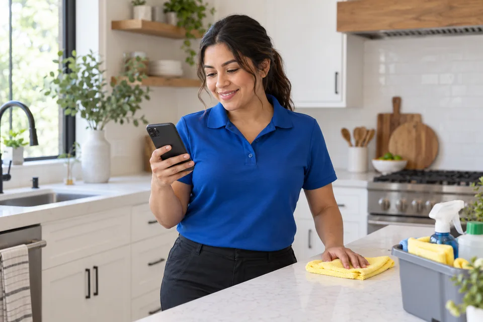 A cleaner checking her next job on a phone in a bright home kitchen